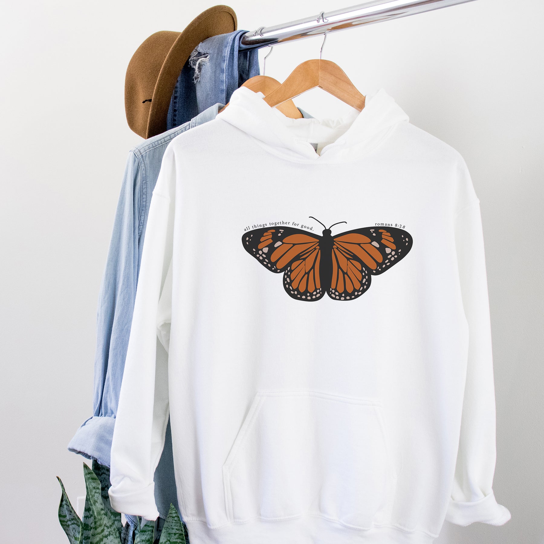 Hoodie Monarch Butterfly Romans 8:28 – swaygirls